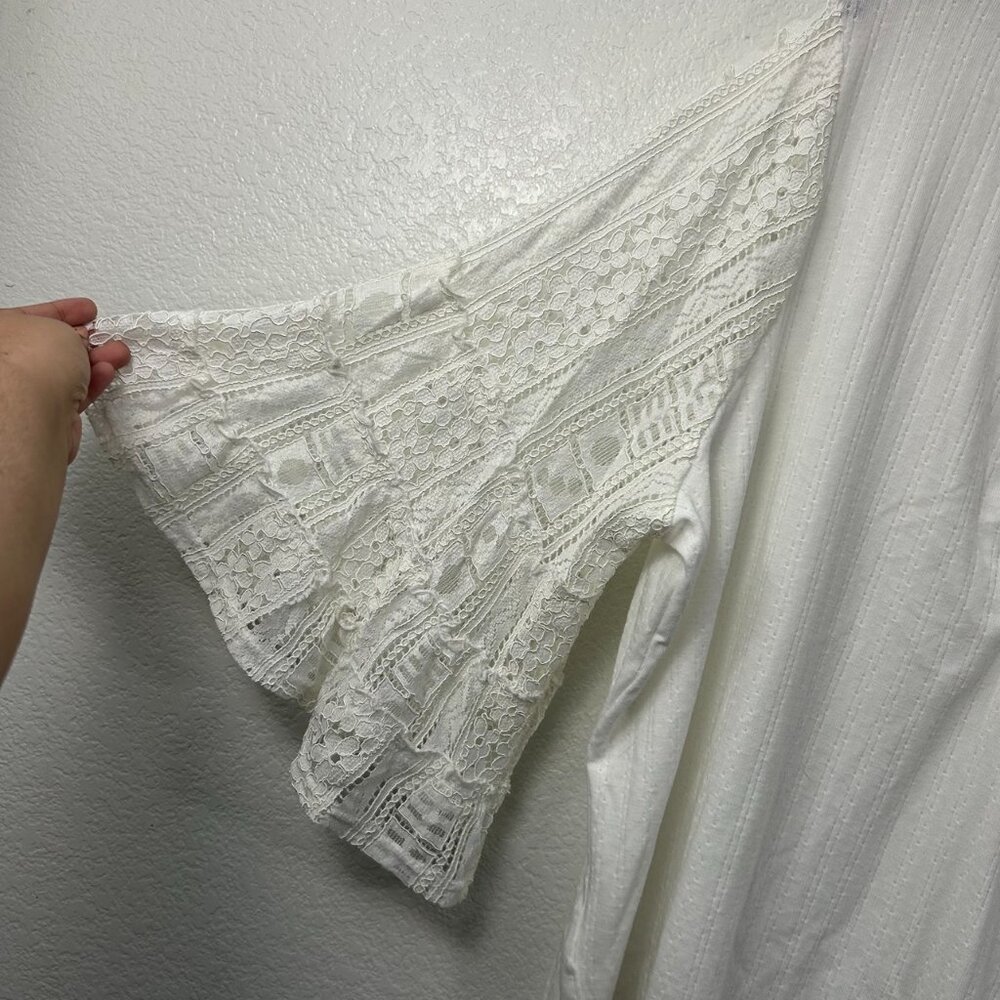 Maurices Ribbed Pointelle V-Neck 3/4 Lace Bell Sleeve Top - Picture 4 of 10